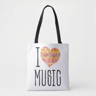 Ik hou van muziek geel Sinaasappel Mandala hart Tote Bag