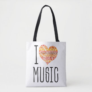 Ik hou van muziek geel Sinaasappel Mandala hart Tote Bag