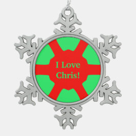 Ik hou van (naam) Chris! Rood Groen Tin Sneeuwvlok Ornament
