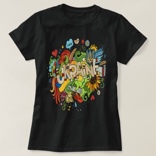Ik hou van Oekraïne Doodle met de Oekraïense vlag T-shirt (Design voorkant)