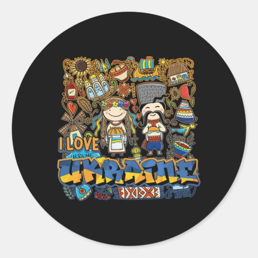 Ik hou van Oekraïne Doodle met Oekraïense vlag Ronde Sticker (Voorkant)