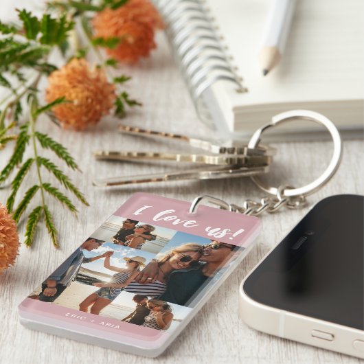 Ik hou van ons Script Names Photo Collage Pink Sleutelhanger (Voorkant Rechts)