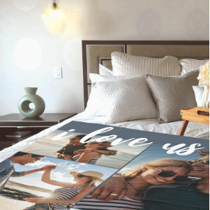 Ik hou van ons Script Photo Blue en White Fleece Deken