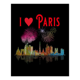 Ik hou van Paris bij Night Skyline Fireworks Poste Perfect Poster