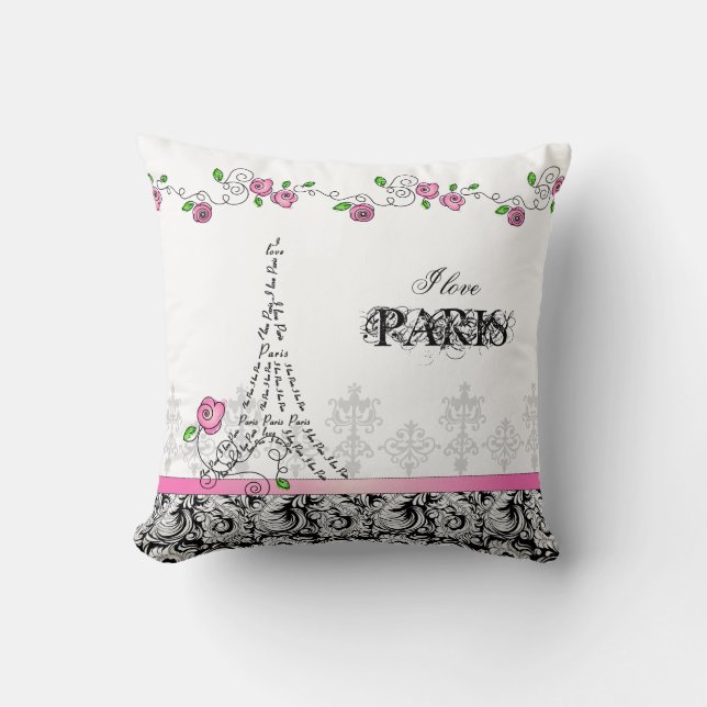 Ik hou van Paris Pillow White Roze Black Rozen Kussen (Voorkant)