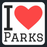 Ik hou van parken vierkante sticker<br><div class="desc">Ik hou van parken,  voor liefhebbers van speeltuinen</div>