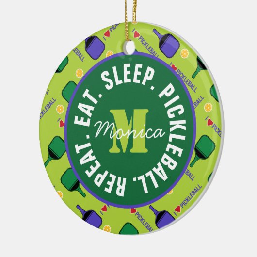 Ik hou van Pickleball green, met naam, initiaal, t Keramisch Ornament (Links)