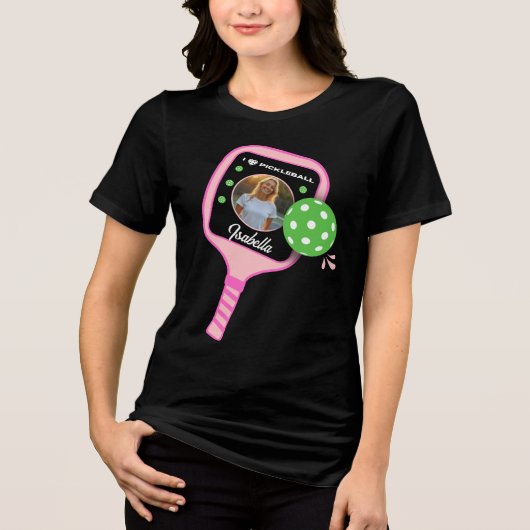 Ik hou van Pickleball Pink Paddle Schattigee Sport Tri-Blend Shirt (Voorkant)