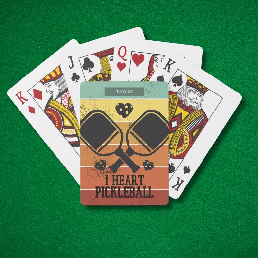 Ik hou van Pickleball Retro Stripes Monogram Naam Pokerkaarten