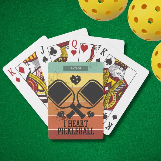 Ik hou van Pickleball Retro Stripes Monogram Naam Pokerkaarten