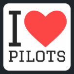 Ik hou van piloten vierkante sticker<br><div class="desc">Ik hou van piloten,  voor vliegtuigliefhebbers</div>