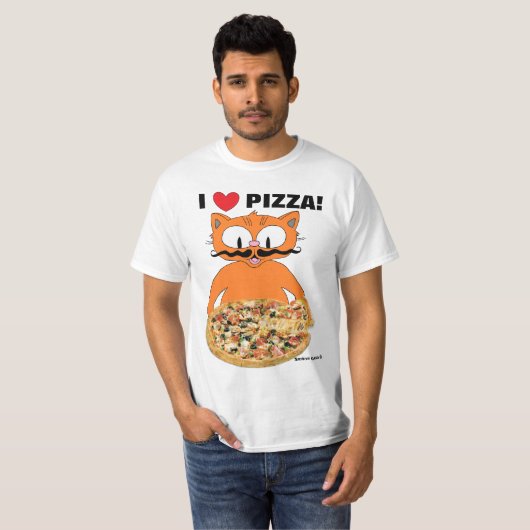 Ik hou van pizza! Funny Cute Cartoon Mustache Cat T-shirt (Voorkant volledig)