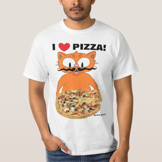 Ik hou van pizza! Funny Cute Cartoon Mustache Cat T-shirt (Voorkant)