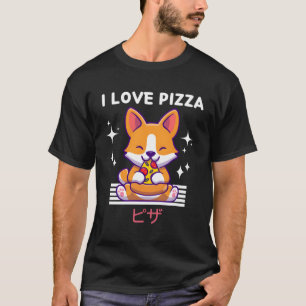 Ik hou van pizza kawaii corgi eet pizza japans ani t-shirt