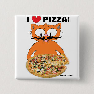 "Ik hou van pizza!" Mustache Cat Pizza Lovers Vierkante Button 5,1 Cm