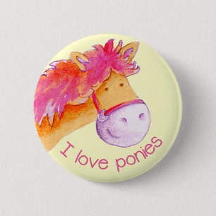 Ik hou van pony's knop badge roze & geel ronde button 5,7 cm