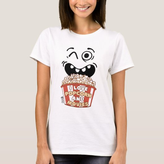 Ik hou van popcorn en films, vrouwen wit t-shirt (Voorkant)