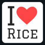 Ik hou van rijst vierkante sticker<br><div class="desc">Ik hou van rijst,  voor voedselliefhebbers</div>