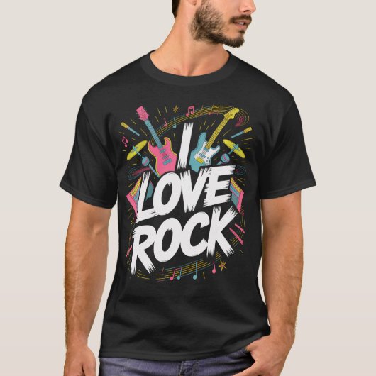 Ik hou van Rockmuziek Gitaren Drums T-shirt (Voorkant)