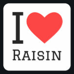 Ik hou van rozijnen vierkante sticker<br><div class="desc">Ik hou van rozijnen,  voor liefhebbers van eten</div>