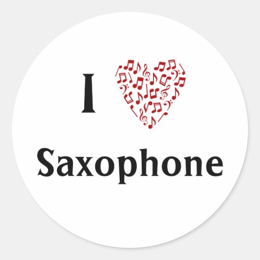 Ik hou van saxofoon Rode Hart Muzieknoten Ronde Sticker (Voorkant)
