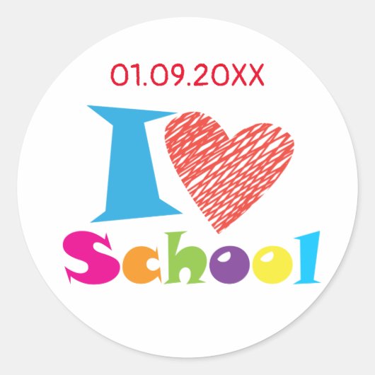 Ik hou van school. Terug naar school. Cartoon Afst Ronde Sticker (Voorkant)
