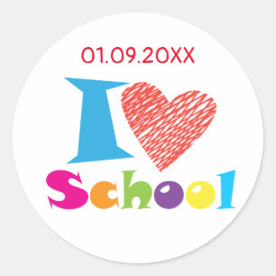 Ik hou van school. Terug naar school. Cartoon Uitn Ronde Sticker