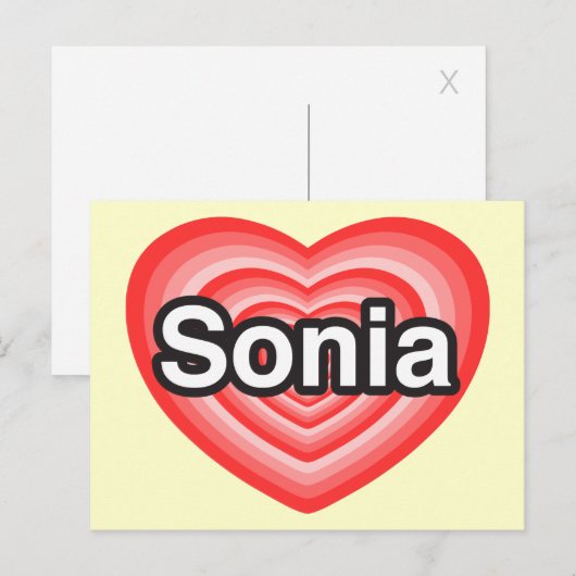 Ik hou van Sonia. Ik hou van je Sonia. Hart Briefkaart (Voorkant / Achterkant)