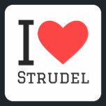 Ik hou van strudel vierkante sticker<br><div class="desc">Ik hou van strudel,  voor voedselliefhebbers</div>