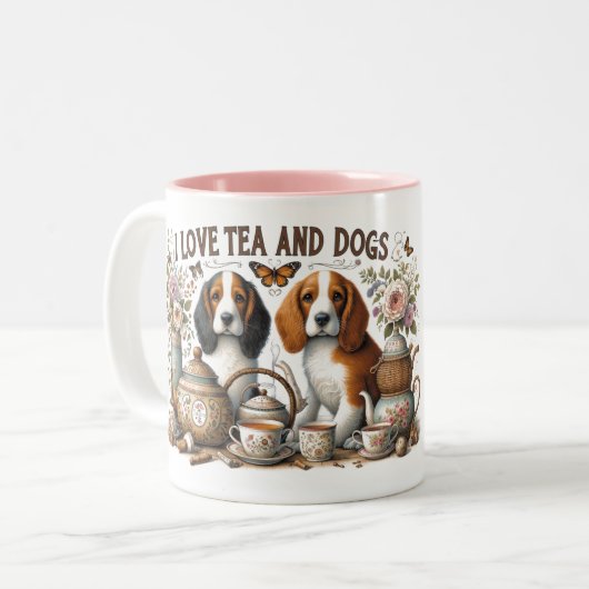 Ik hou van thee en honden tweekleurige koffiemok (Voorkant links)