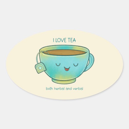 Ik hou van thee, zowel kruidenthee als verbale gra ovale sticker (Voorkant)