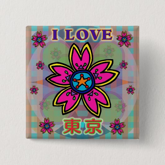 "Ik hou van TOKYO" Flowers Kanji Button (Voorkant)