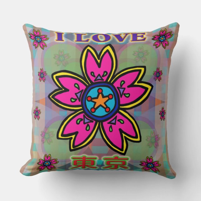 "Ik hou van TOKYO" Flowers Kanji Pillow Kussen (Voorkant)