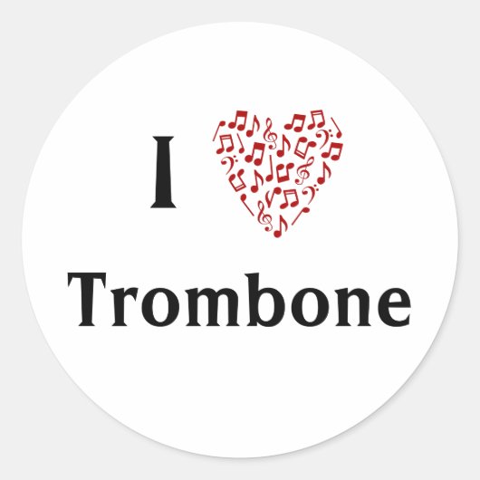 Ik hou van Trombone Rood Hart van Muzieknoten Ronde Sticker (Voorkant)