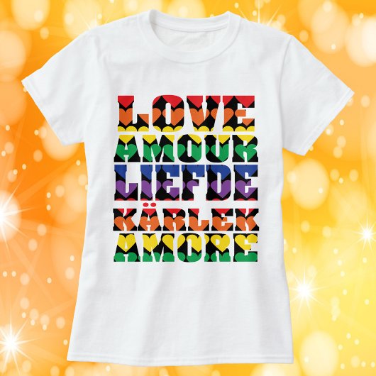 Ik hou van veel talen en harten regenboog t-shirt