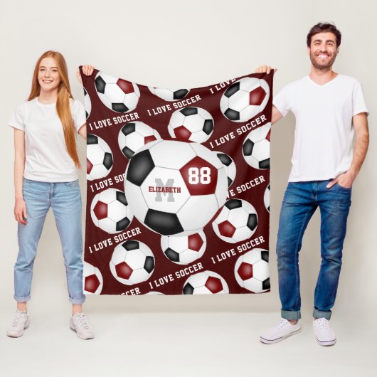 Ik hou van voetbal tekst patroon maroon zwart fleece deken (In situ)