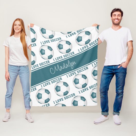 Ik hou van voetbal tekst patroon meisjes blauwgroe fleece deken (In situ)