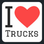 Ik hou van vrachtwagens vierkante sticker<br><div class="desc">Ik hou van vrachtwagens,  voor liefhebbers van voertuigen</div>