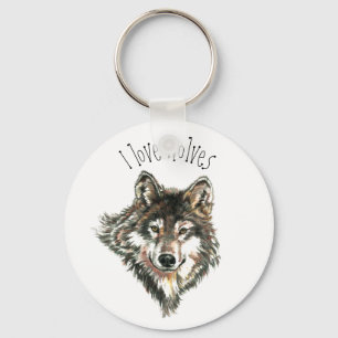 Ik hou van Wolven Waterverf Gray Wolf Animal Art Sleutelhanger