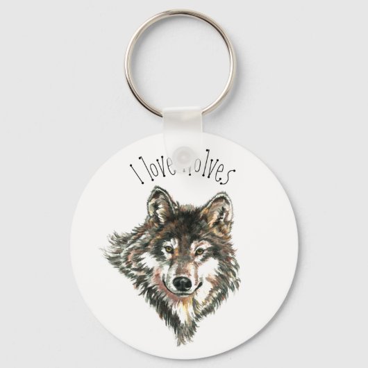Ik hou van Wolven Waterverf Gray Wolf Animal Art Sleutelhanger (Voorkant)