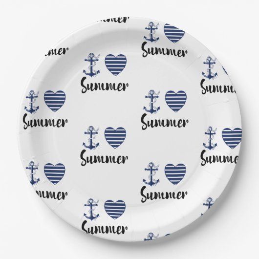 Ik hou van zomeranker en gestreept hart papieren bordje (Voorkant)