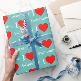 Ik hou van Zwemmen Typografie & Rood Hart Mint Gro Cadeaupapier