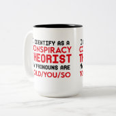 Ik identificeer me als complottheoreticus tweekleurige koffiemok (Voorkant links)