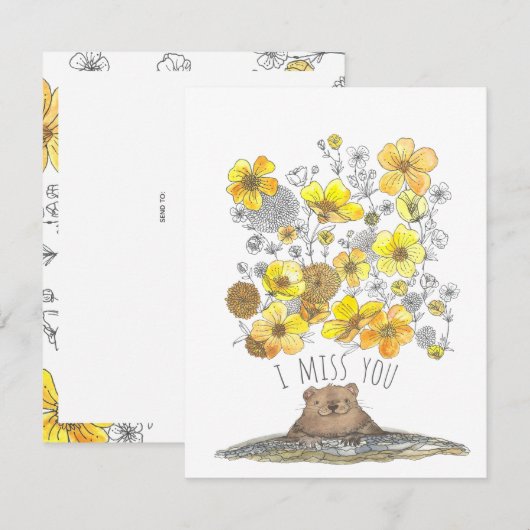 Ik juffrouw U Cute Groundhog en Flowers Waterverf Kaart (Voorkant / Achterkant)