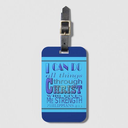 Ik kan alles doen met Christelijke Blauwe Tekst Bagagelabel (Voorkant (verticaal))