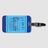 Ik kan alles doen met Christelijke Blauwe Tekst Bagagelabel (Voorkant (horizontaal))