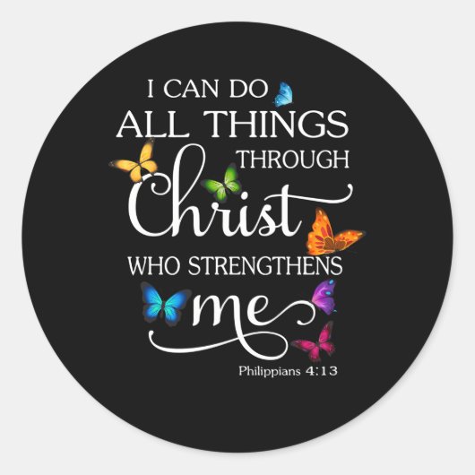 Ik kan alles doen via Christus Butterfly Reling Ronde Sticker (Voorkant)