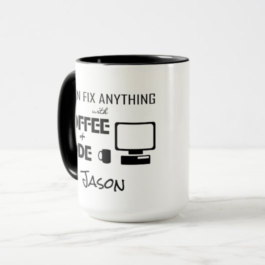 Ik kan alles oplossen met koffie en code grappig mok (Voorkant links)