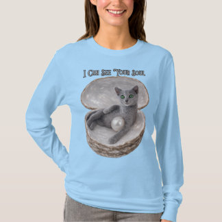 Ik kan je ziel zien Grappig Russisch-blauw kat ont T-shirt