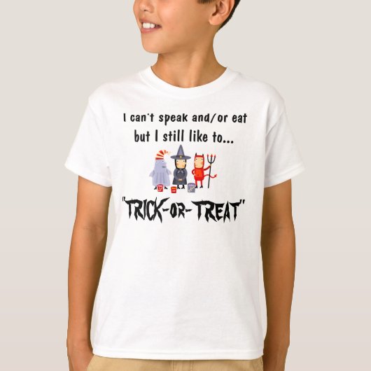 Ik kan niet spreken of eten...Trick or treat T-shirt (Voorkant)